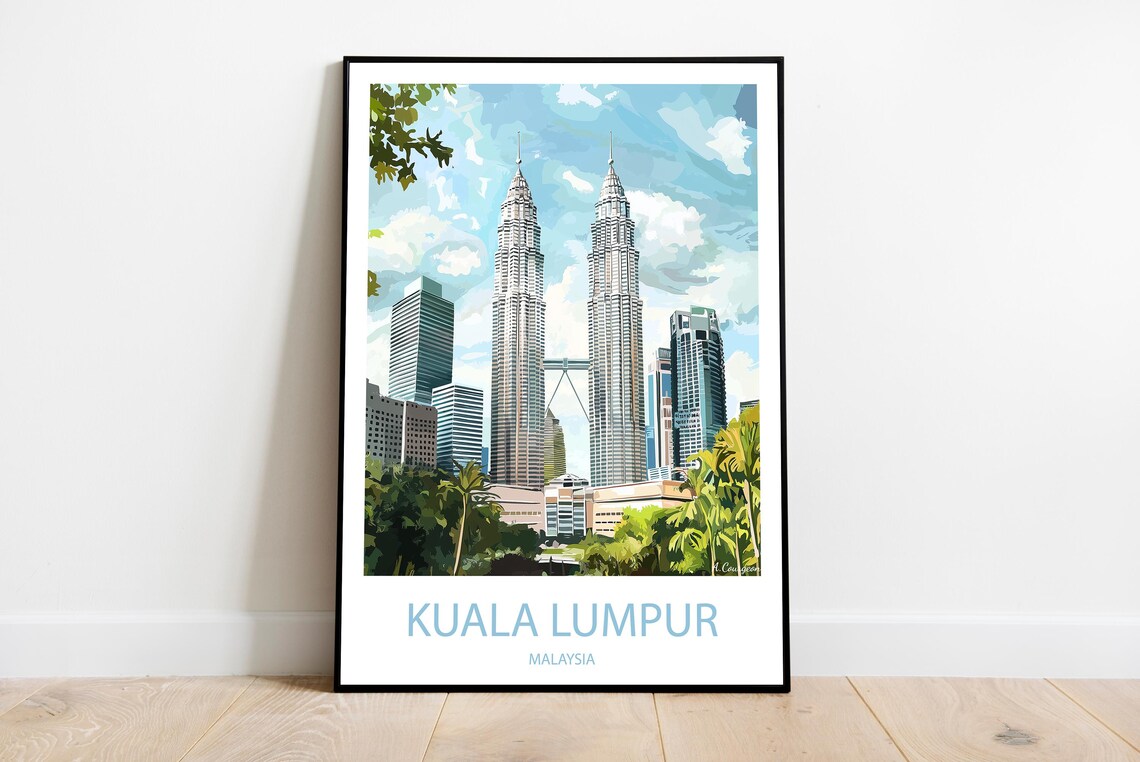 Kuala Lumpur Malaysia Twin Towers Vintage Travel Poster Retro City Decor