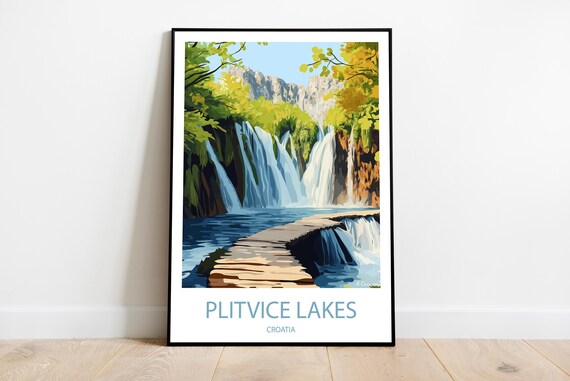 Handmade Plitvice Lakes Croatia Poster Wall Art Modern Travel Framed Birthday Home Made Decor Gift Vector Illustration Print