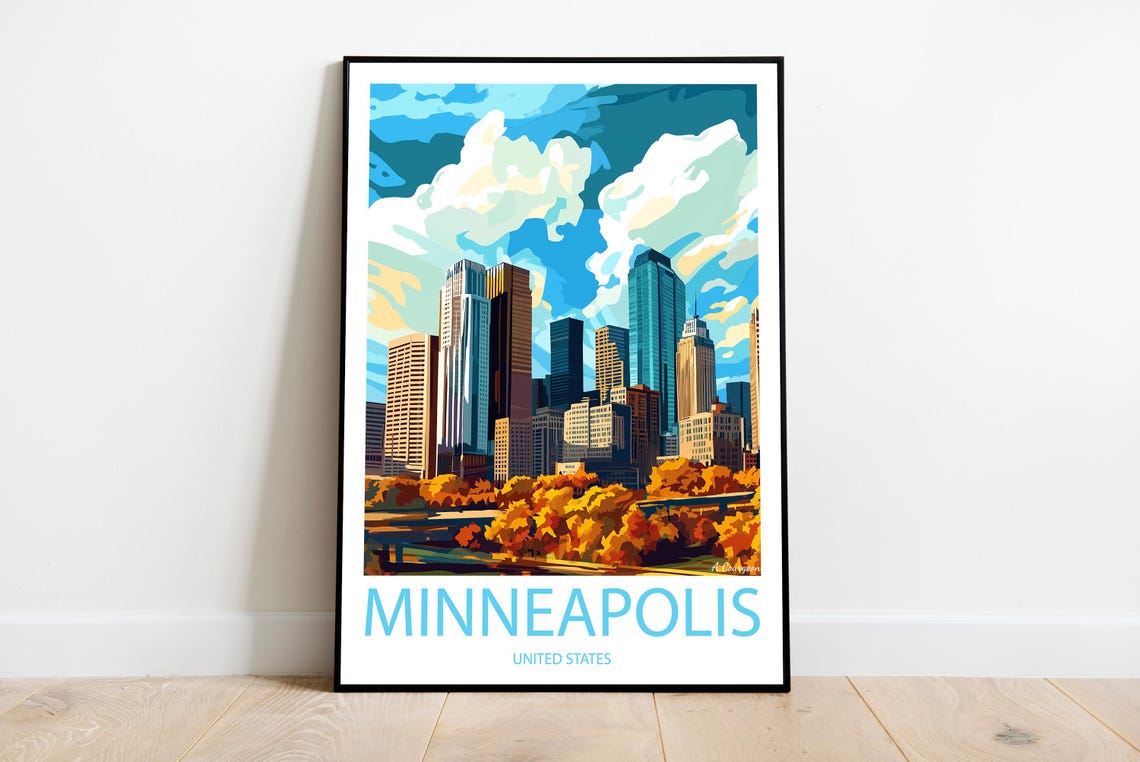 Minneapolis Skyline Autumn Trees Urban Travel Destination Poster