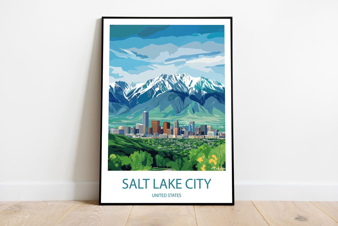 Salt Lake City Utah Wasatch Mountain Skyline Vintage Travel Print
