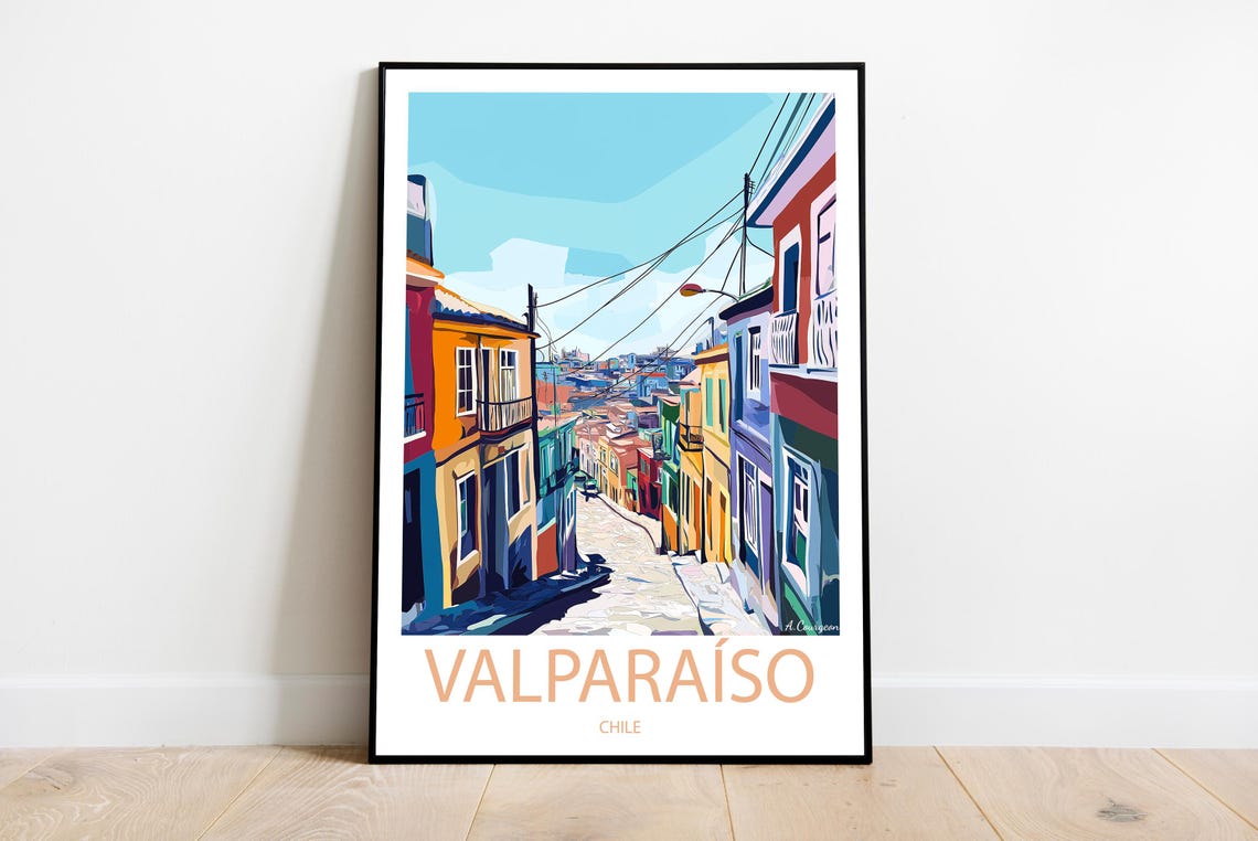 Handmade Valparaso Chile Poster Wall Art Modern Travel Framed Birthday Home Made Decor Gift Vector Illustration Print Custom Text