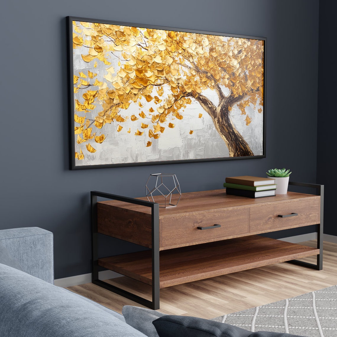 Twisted Golden Tree with Falling Amber Leaves Fall Decor Wall Art - Image 5