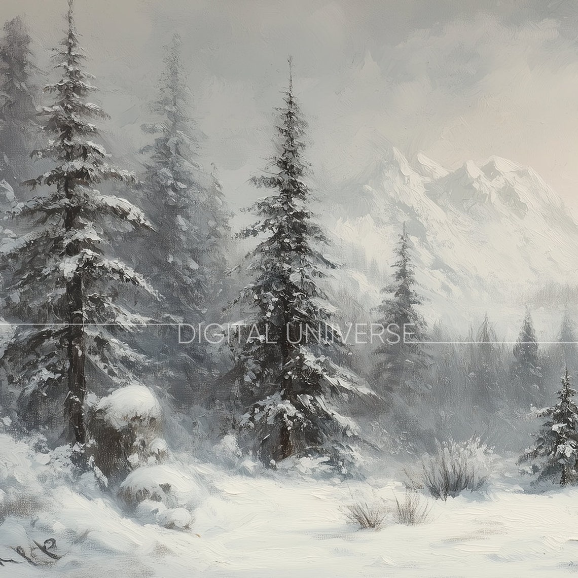 Snowy Mountain Forest with Towering Pines Winter Landscape Wall Art - Image 4