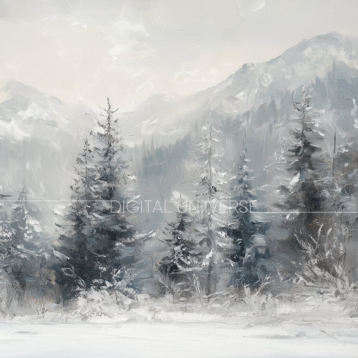 Moody Gray Winter Forest with Snowy Peaks Rustic Landscape Wall Art - Image 3