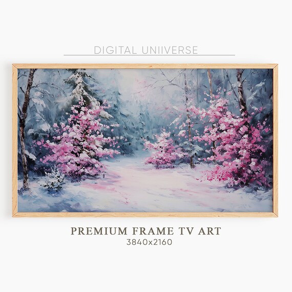 Pink Blossom Bushes Snowy Forest Path Spring Winter Painting Poster