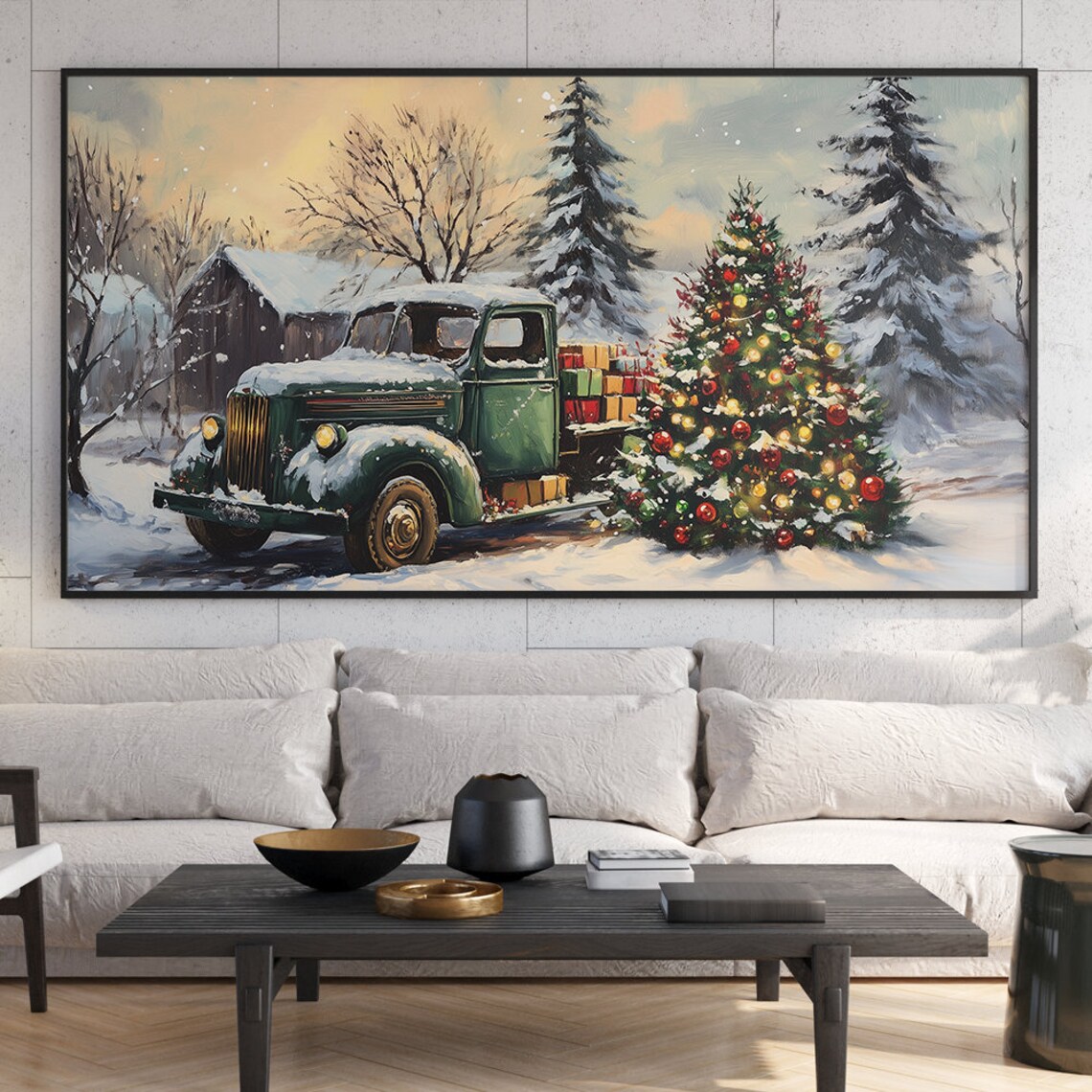 Vintage Green Truck with Gifts and Christmas Tree Snowy Farm Poster - Image 5