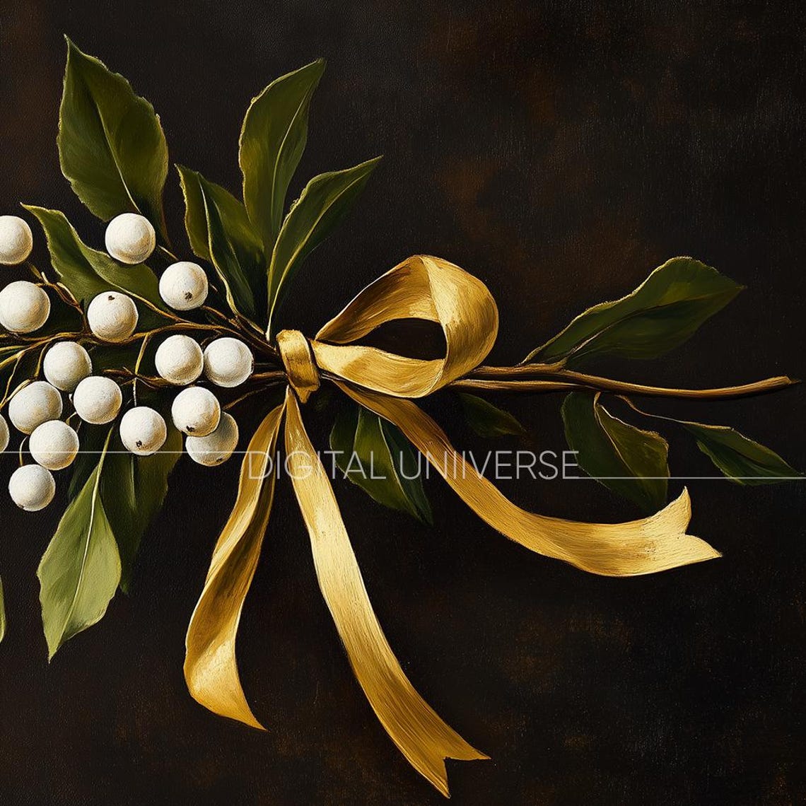 Mistletoe with White Berries Tied in Gold Ribbon Holiday Wall Art - Image 3