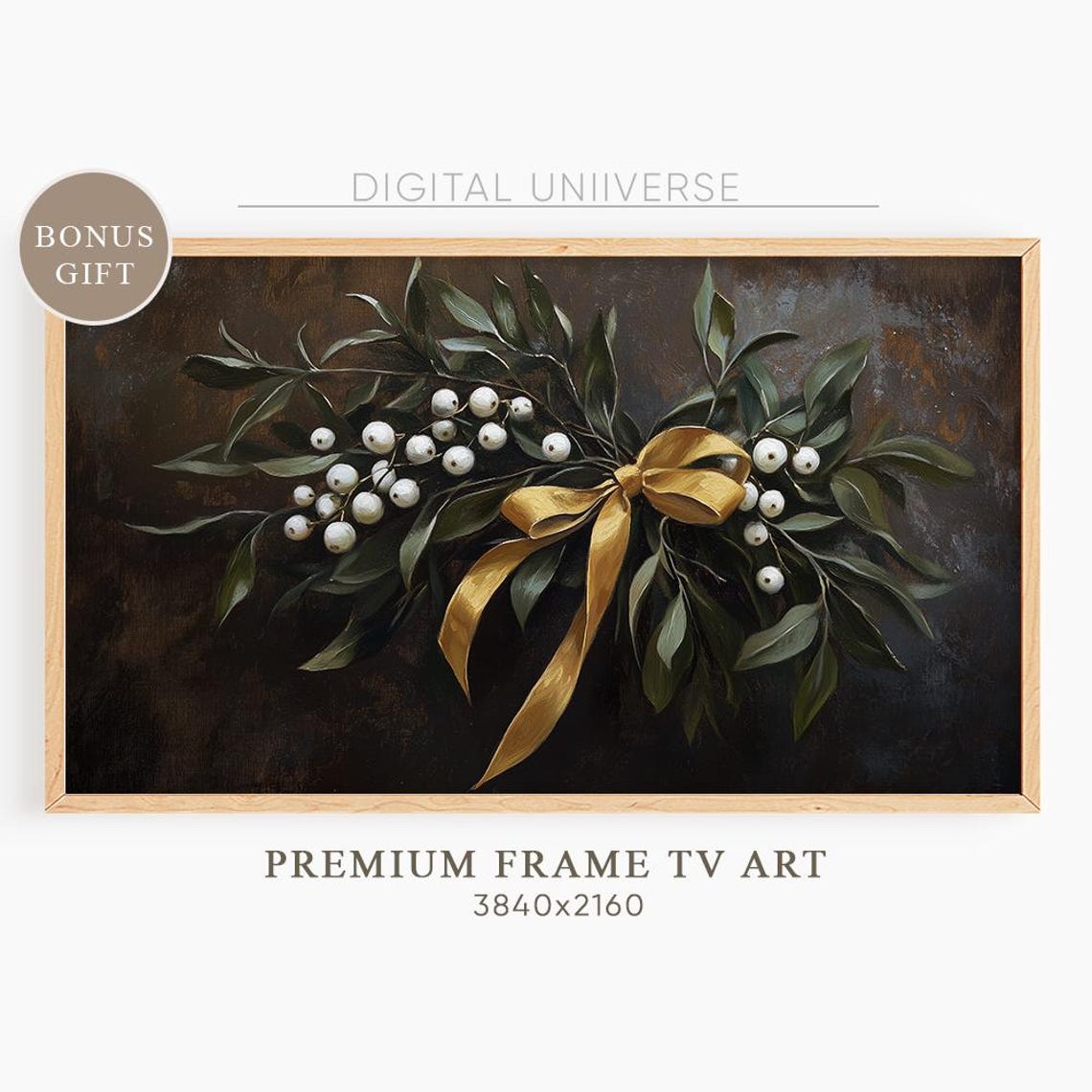 Mistletoe Berry Bouquet with Gold Bow Dark Christmas Botanical Poster
