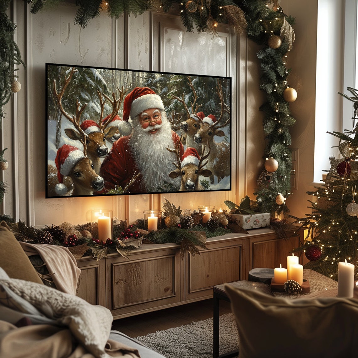 Santa Claus Selfie with Reindeer in Hats Festive Christmas Poster - Image 5