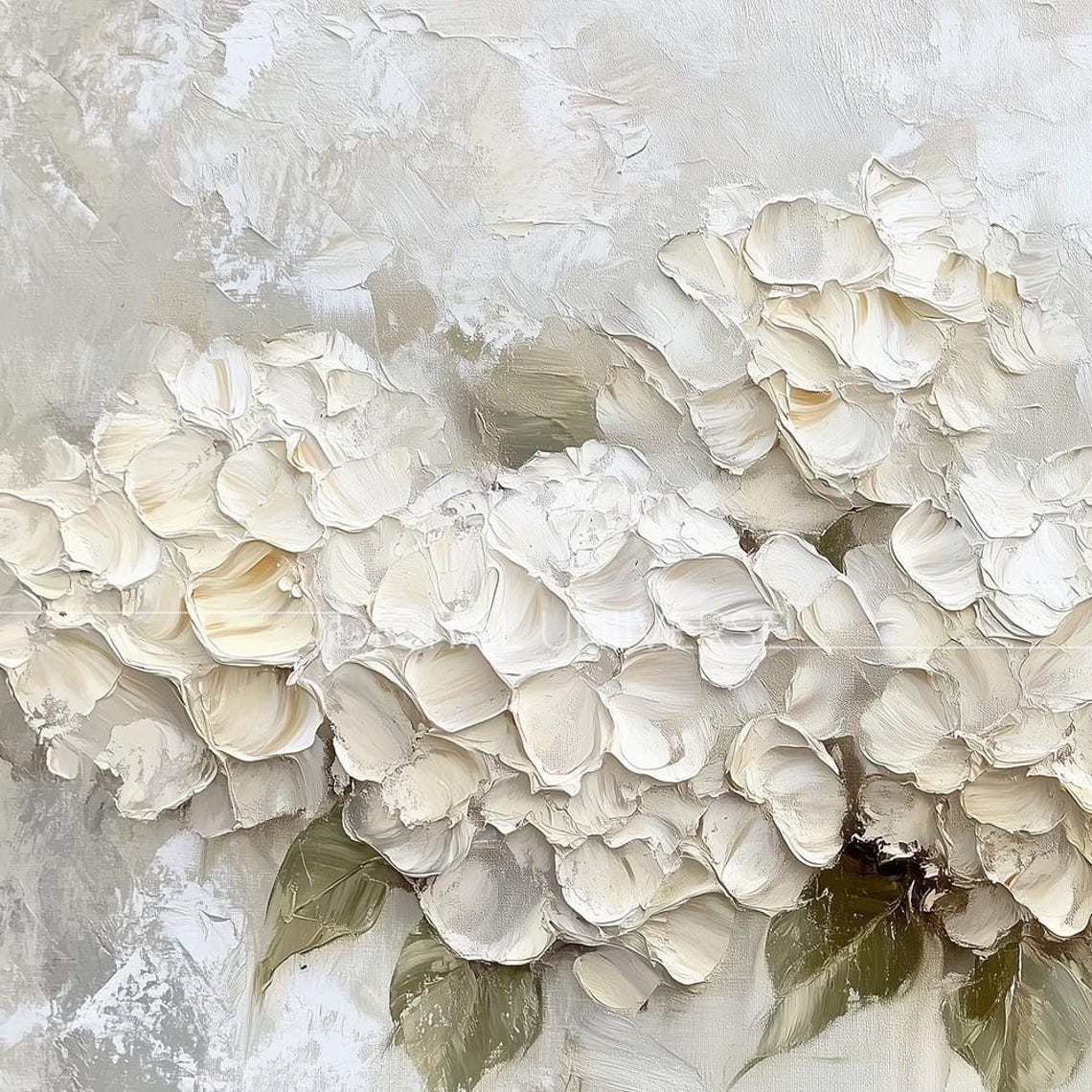 White Hydrangea Clusters Neutral Impasto Floral Art Wall Art - Image 3