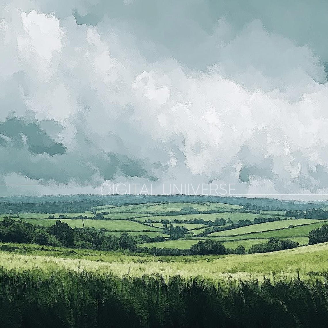 Rolling Green Hills Stormy Sky Pastoral Landscape Art Wall Art - Image 3