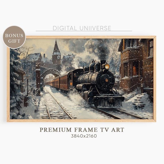 Christmas Express Train Green And Red Frame Tv Art Moody Winter Landscape Snowy Railroad Christmas Tv Art