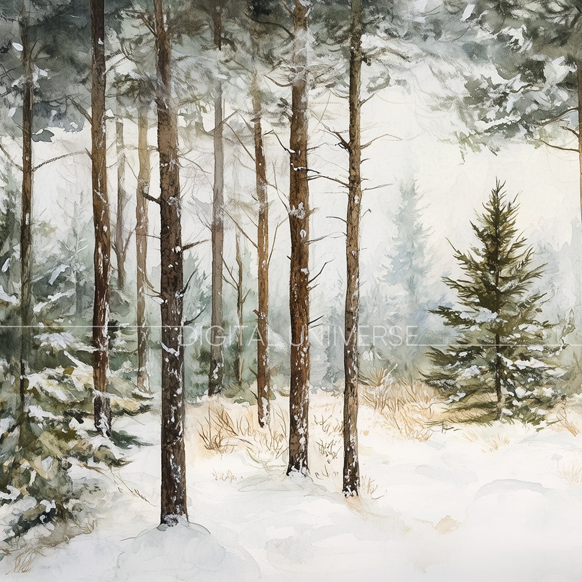 Misty Snowy Pine Forest Watercolor Winter Landscape Wall Art - Image 4