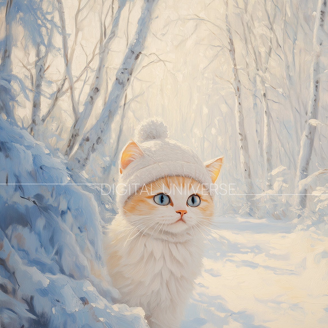 Cute White Kitten Knit Hat Snowy Winter Forest Painting Poster - Image 4
