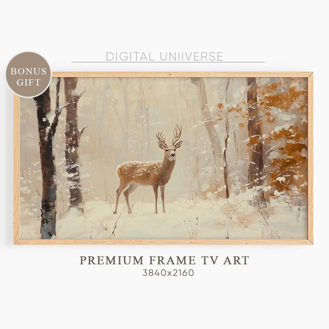 Stag Deer in Snowy Winter Forest Moody Oil Painting Wall Art