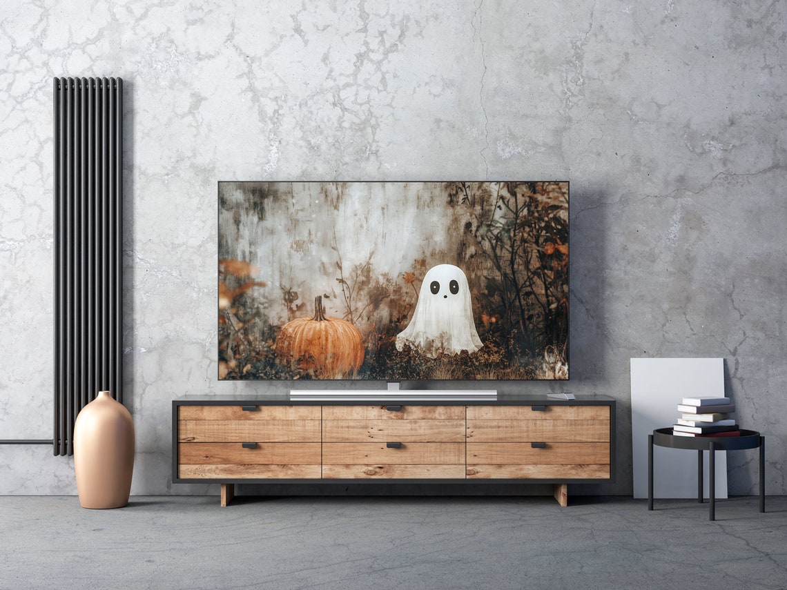 Cute Ghost and Pumpkin in Misty Autumn Forest Halloween Poster - Image 5
