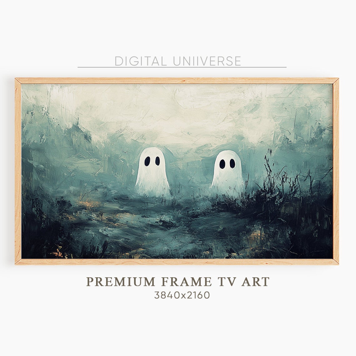 Two Cute White Ghosts Misty Teal Landscape Spooky Cute Painting Poster