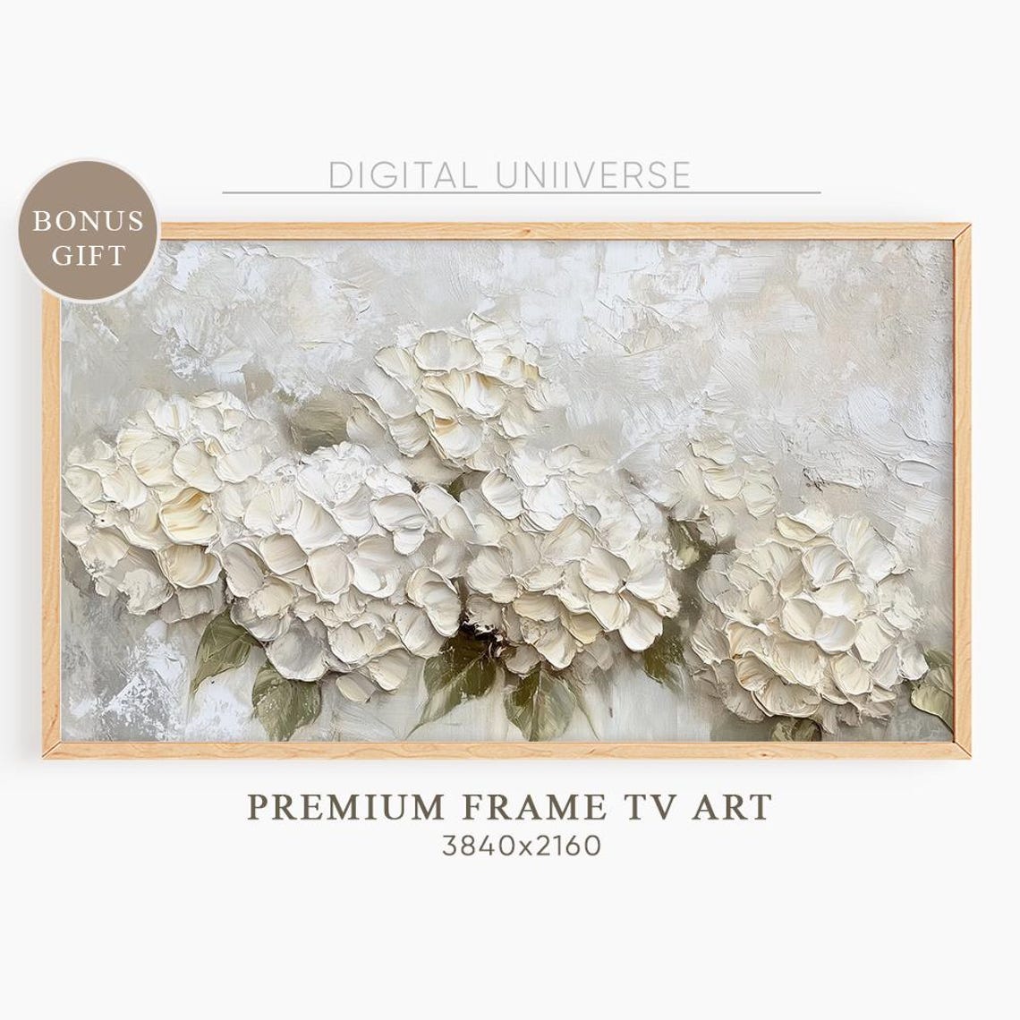 White Hydrangea Clusters Neutral Impasto Floral Art Wall Art