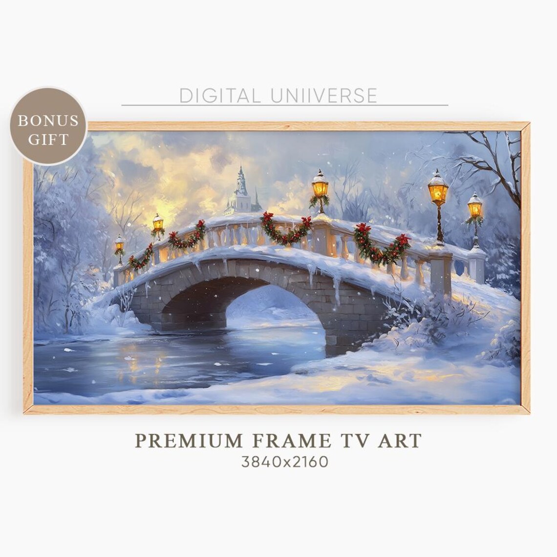 Snowy Stone Bridge with Christmas Garlands Glowing Winter Night Poster
