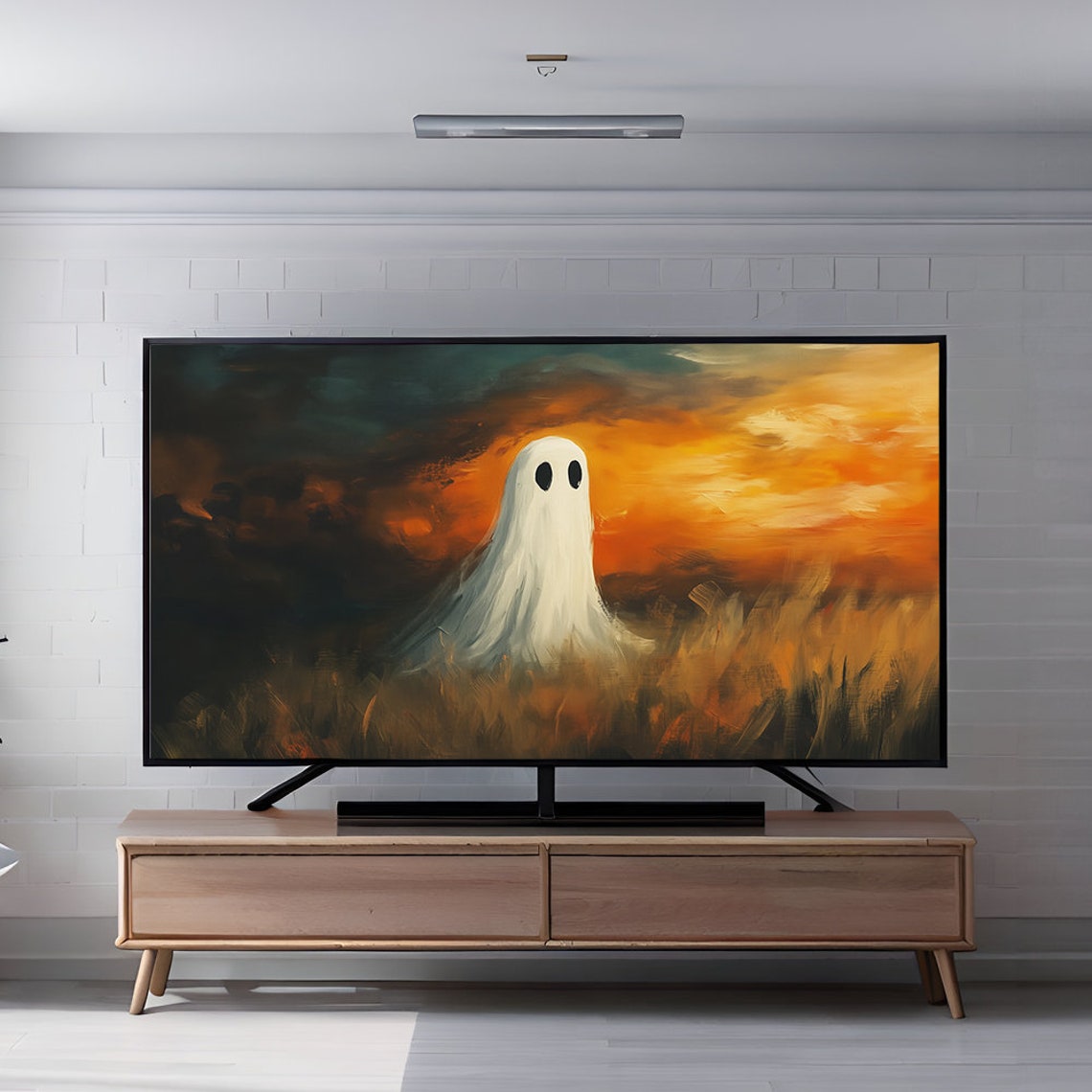Cute Ghost in Golden Field at Fiery Sunset Halloween Art Poster - Image 7