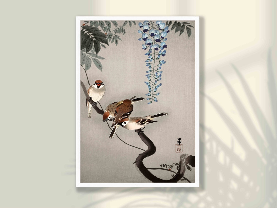 Sparrows on Branch with Blue Wisteria Vintage Japanese Poster