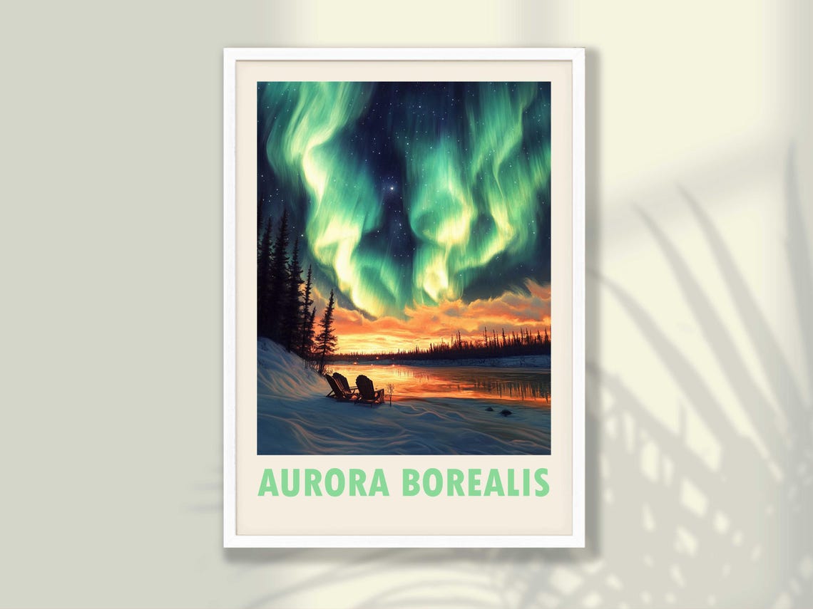 Aurora Borealis Northern Lights Starry Sky Snowy Lake Poster