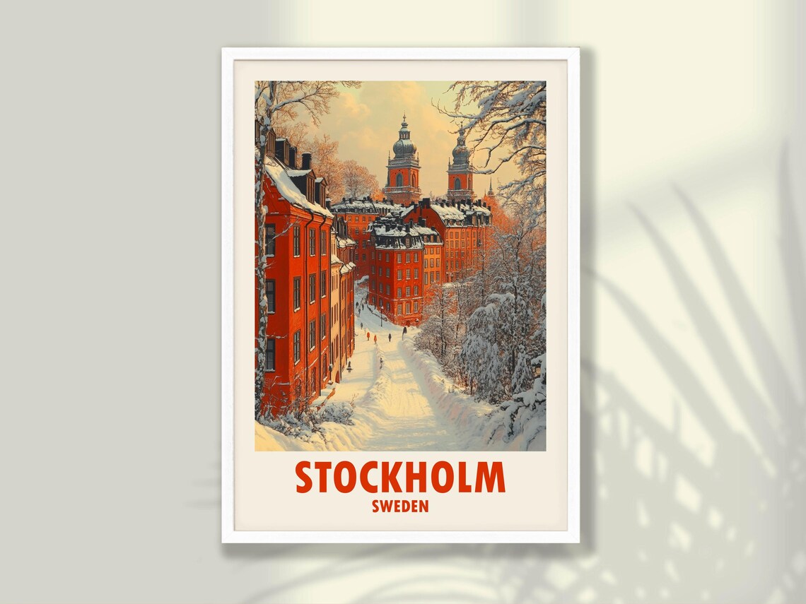 Stockholm Sweden Snowy Old Town Street Winter Church Towers Poster