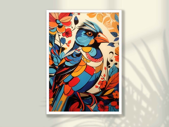 Gorgeous Crested Blue Songbird Warm Beige Floral Illustration Poster