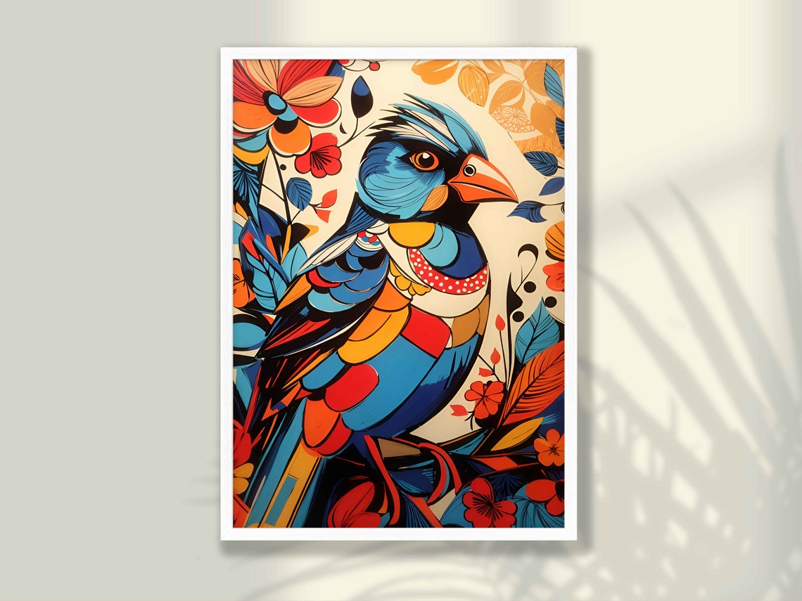 Gorgeous Crested Blue Songbird Warm Beige Floral Illustration Poster