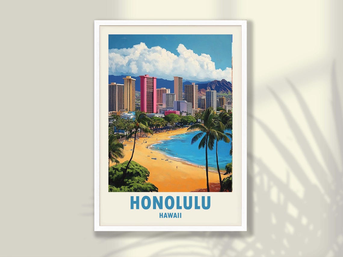Honolulu Hawaii Waikiki Beach Palms Skyline Diamond Head Travel Poster