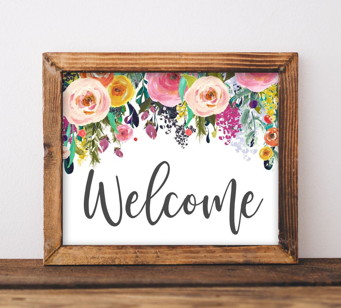 Welcome Script Floral Sign Wooden Frame Entryway Decor Poster
