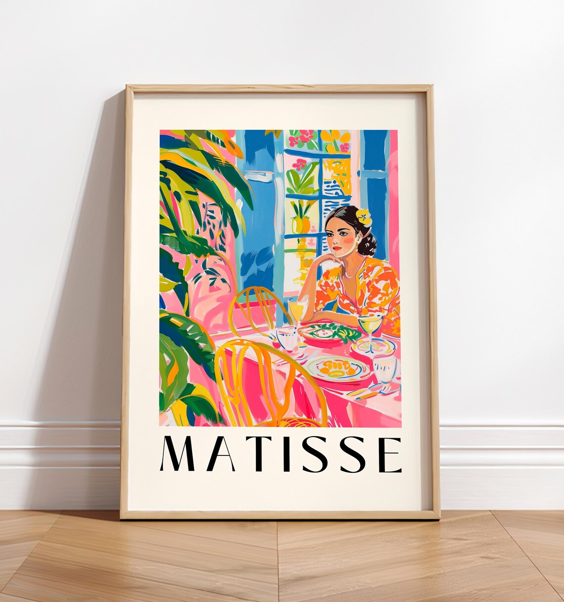 Matisse Style Woman Dining at Pink Cafe Table Floral Dress Art Poster