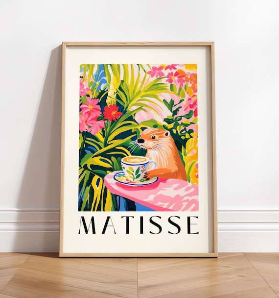 Otter Drinking Coffee, Matisse-Inspired Kitchen Art Print