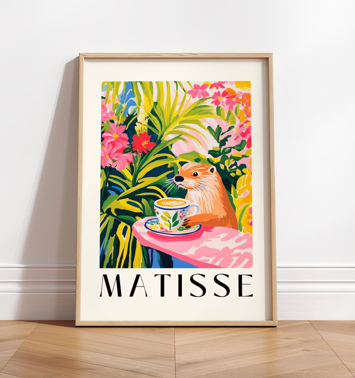 Otter Drinking Coffee, Matisse-Inspired Kitchen Art Print