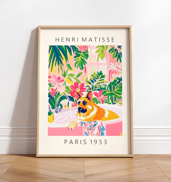 German Shepherd In Bathtub, Pink Bathroom Decor