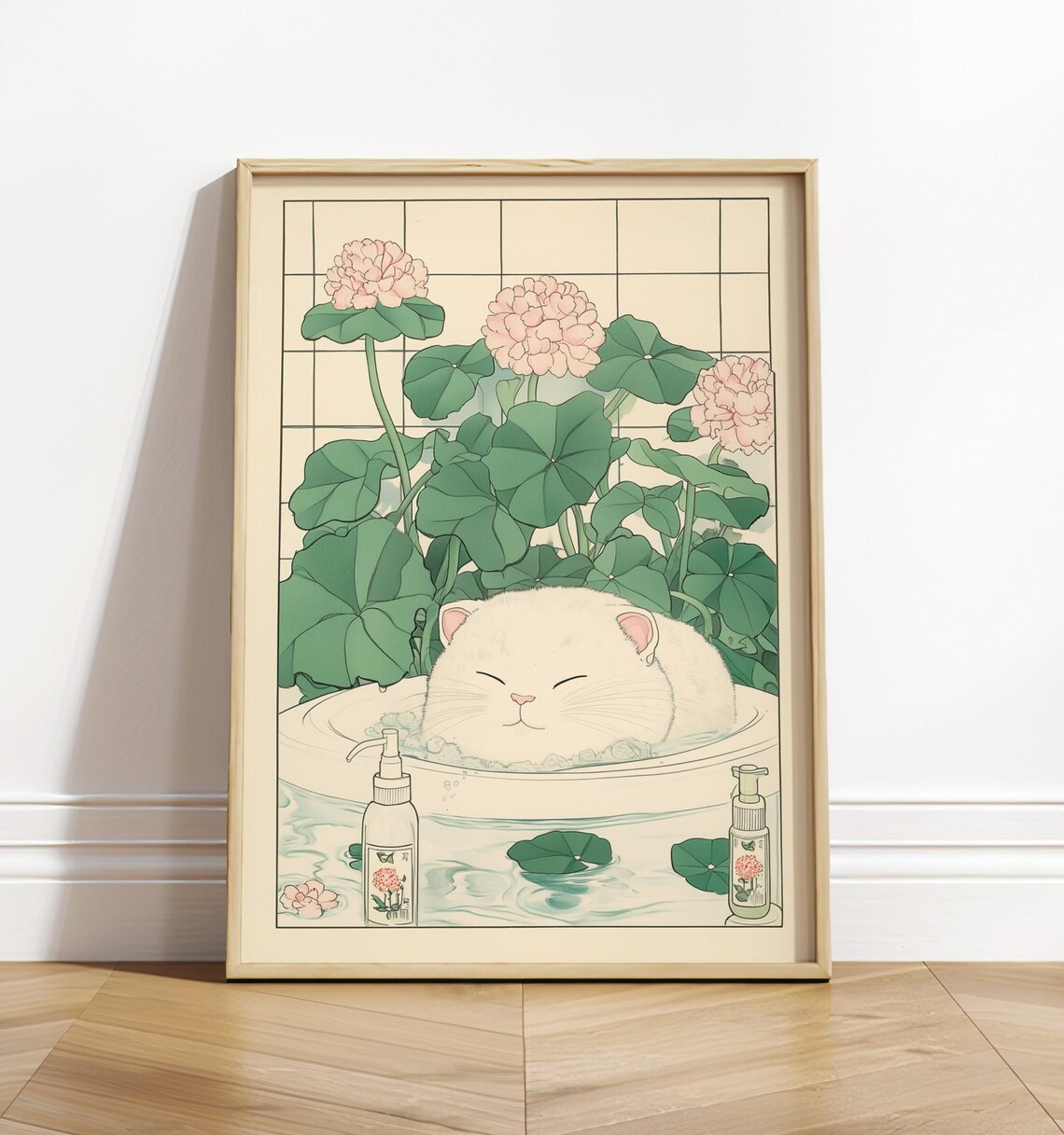 Cute White Cat In A Bathtub Japanese Bathroom Art Print