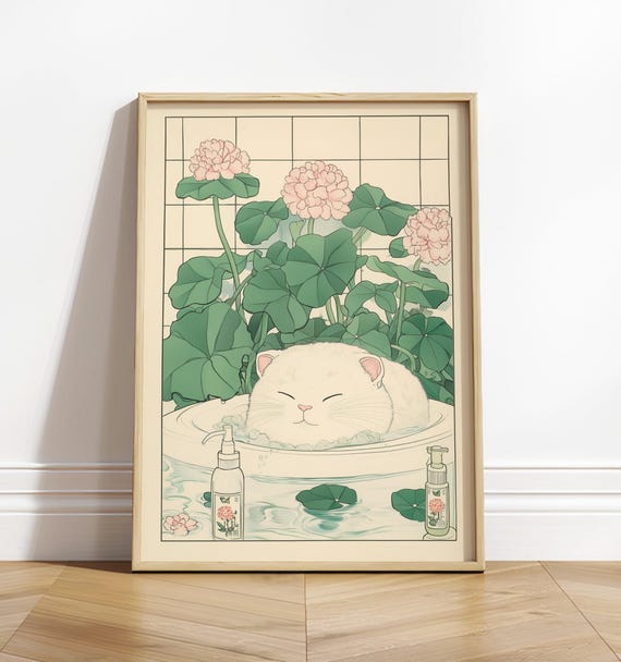 Cute White Cat In A Bathtub Japanese Bathroom Art Print
