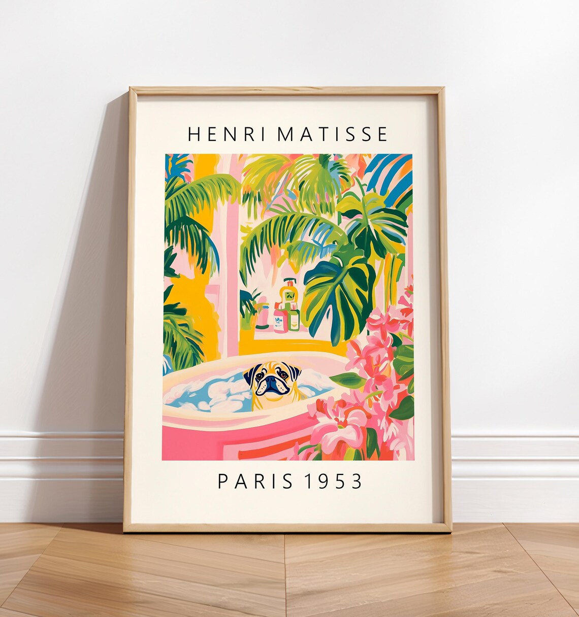 Pug In Bathtub Matisse-Inspired Bathroom Art Print