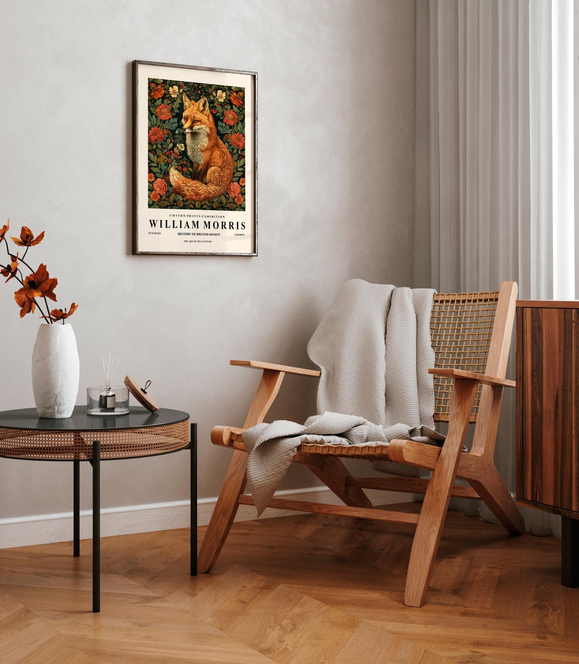 William Morris Style Red Fox Floral Dark Botanical Exhibition Wall Art - Image 2