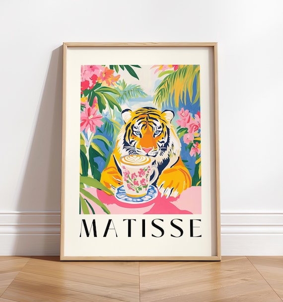Matisse Tiger Holding a Latte Cup Among Tropical Flowers Poster