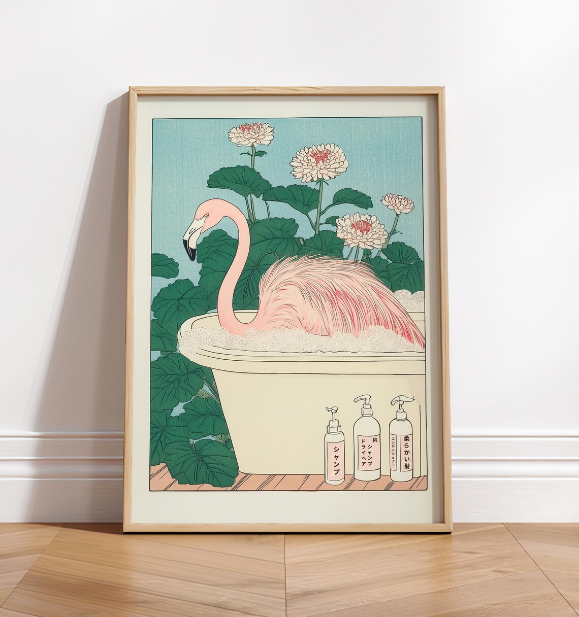 Japanese Style Pink Flamingo Bathing in Bathtub Woodblock Art Poster