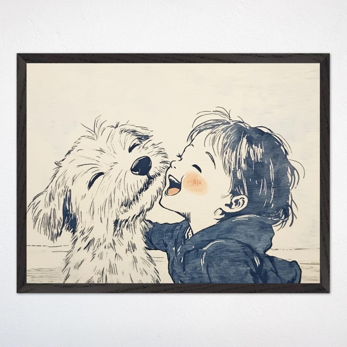 Child Kissing Fluffy Puppy Tender Blue Ink Sketch Art Poster