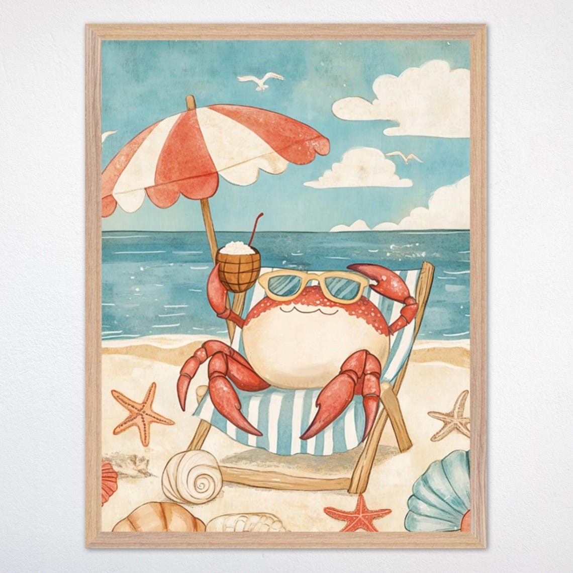 Cool Crab Sunbathing with Sunglasses and Coconut Drink Beach Poster