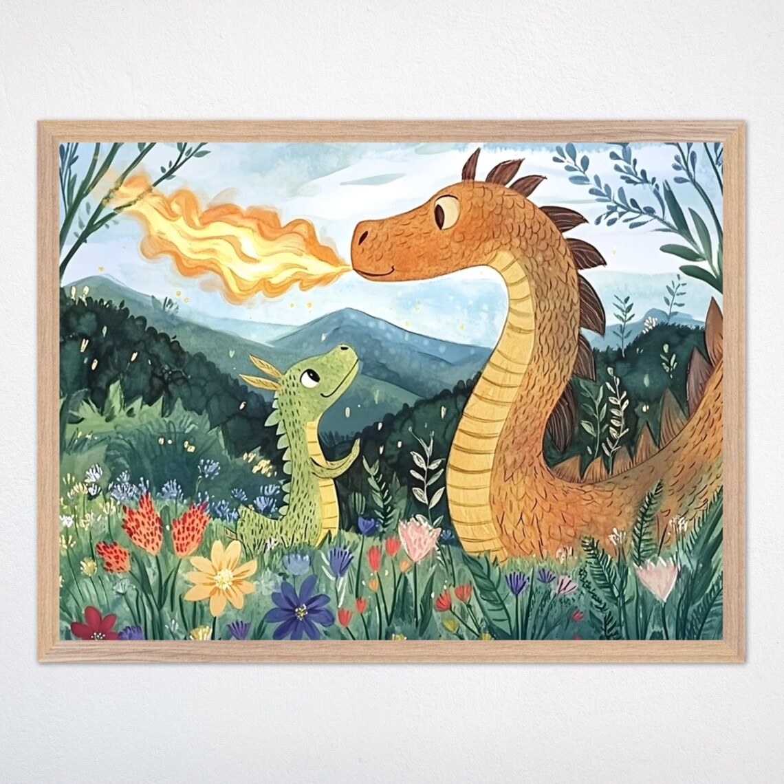 Whimsical Dragons in Floral Meadow Art Print, Nursery Decor