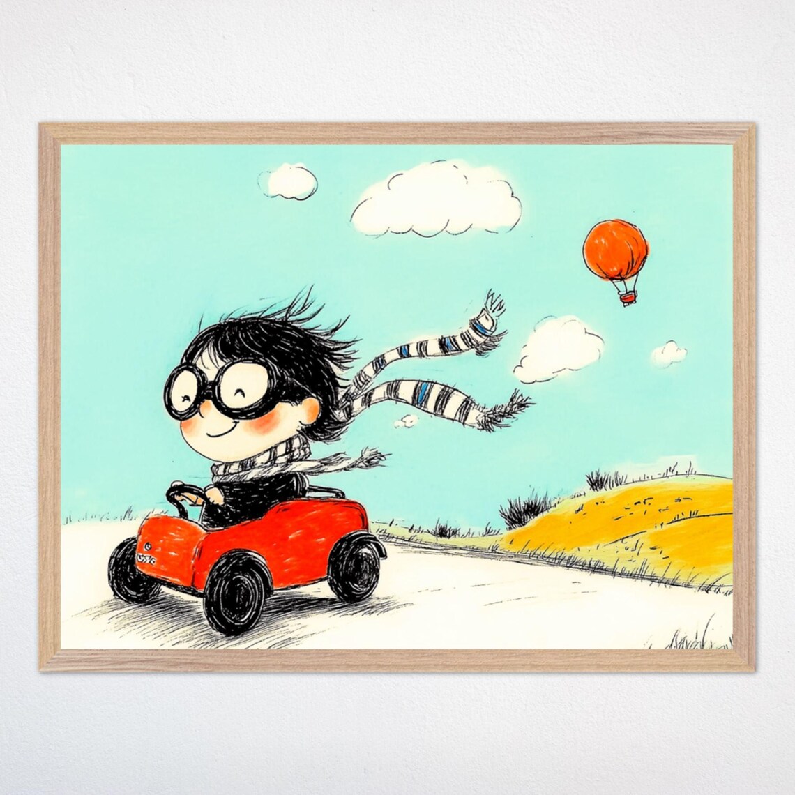 Girl in Red Toy Car with Scarf Windy Adventure Nursery Poster