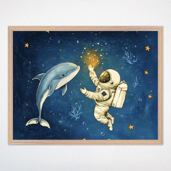 Dolphin Astronaut Print Space Nursery Decor Kids Room Wall Art