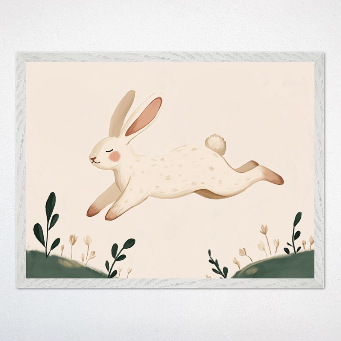 Leaping White Bunny Rabbit Dreamy Soft Pastel Nursery Poster