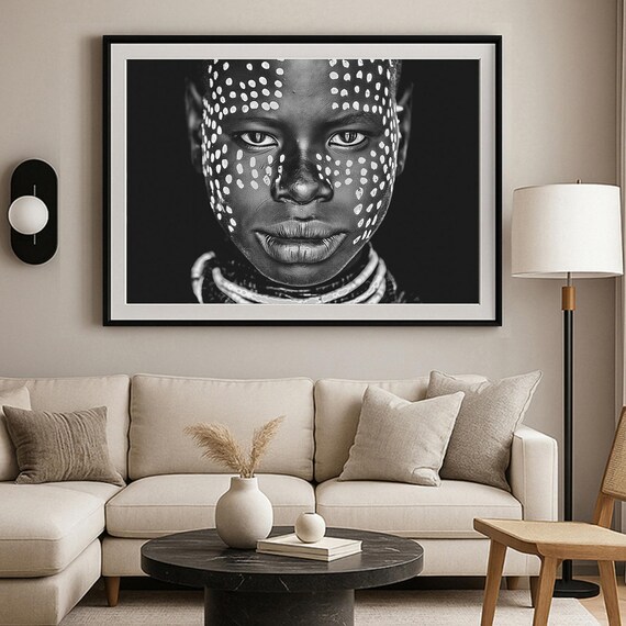 African Child Tribal Face Paint Black White Portrait Photo Poster