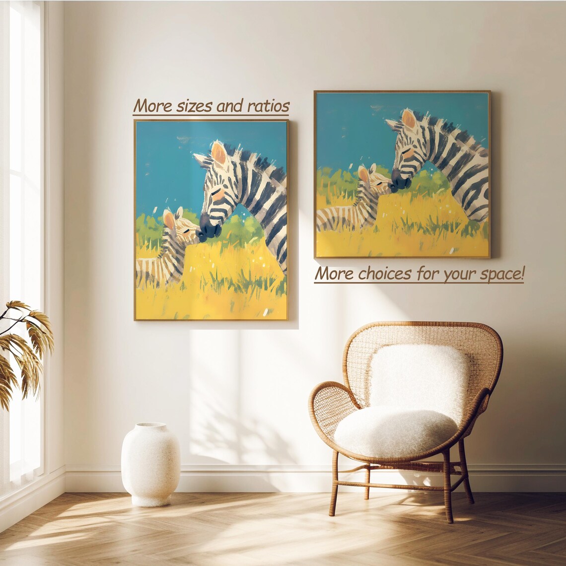 Zebra Mom Nuzzling Baby Foal In Savanna Grass Sweet Nursery Wall Art - Image 2