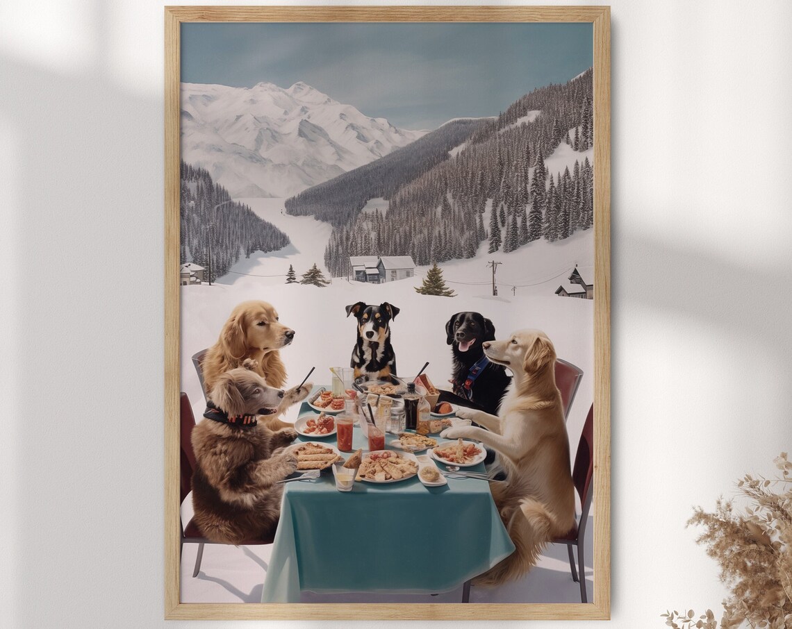 Dogs in a Ski Resort Poster, Funny Skiing Art